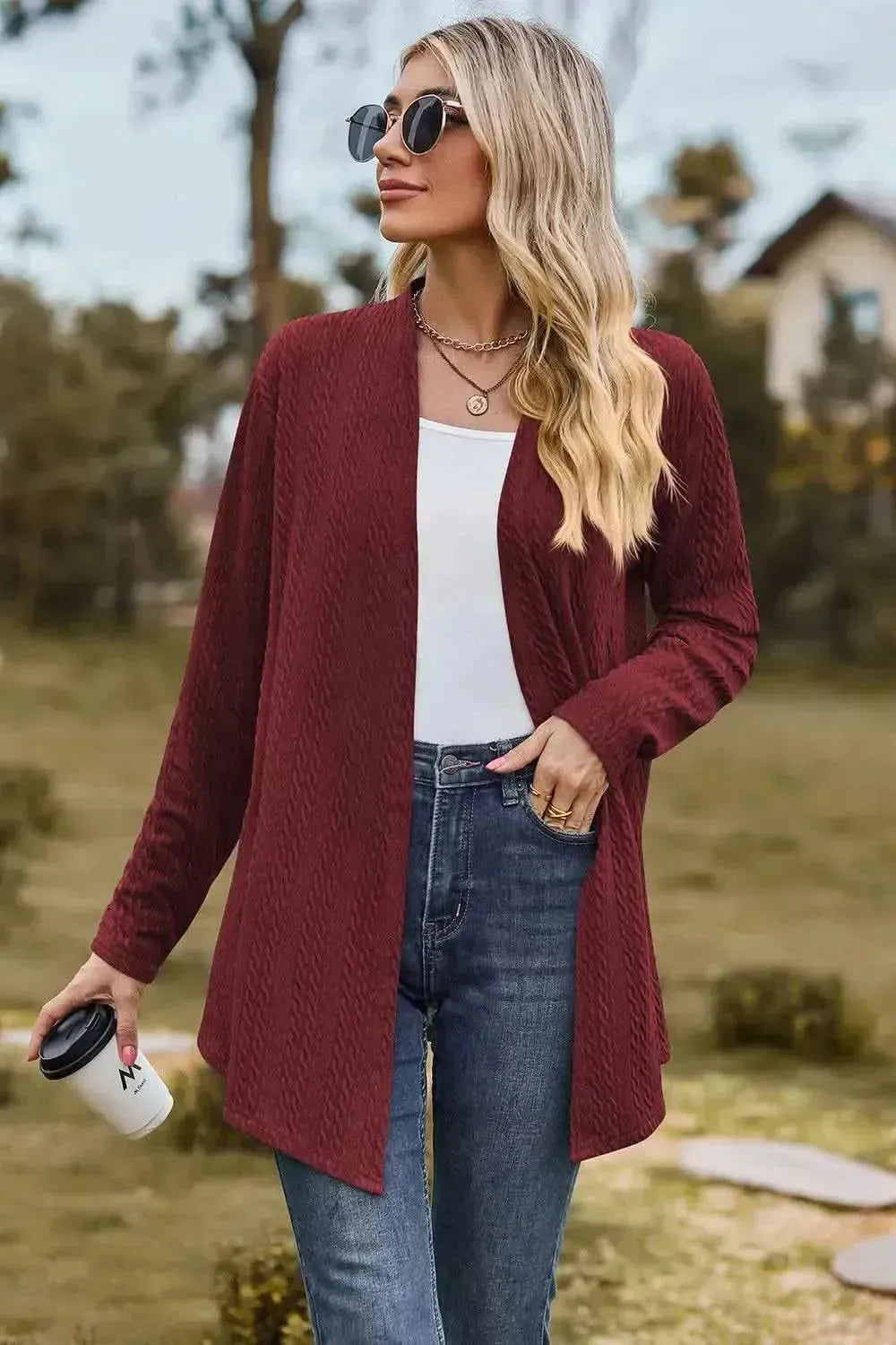 Textured Open Front Long Sleeve Cardigan - Bad Moms Club