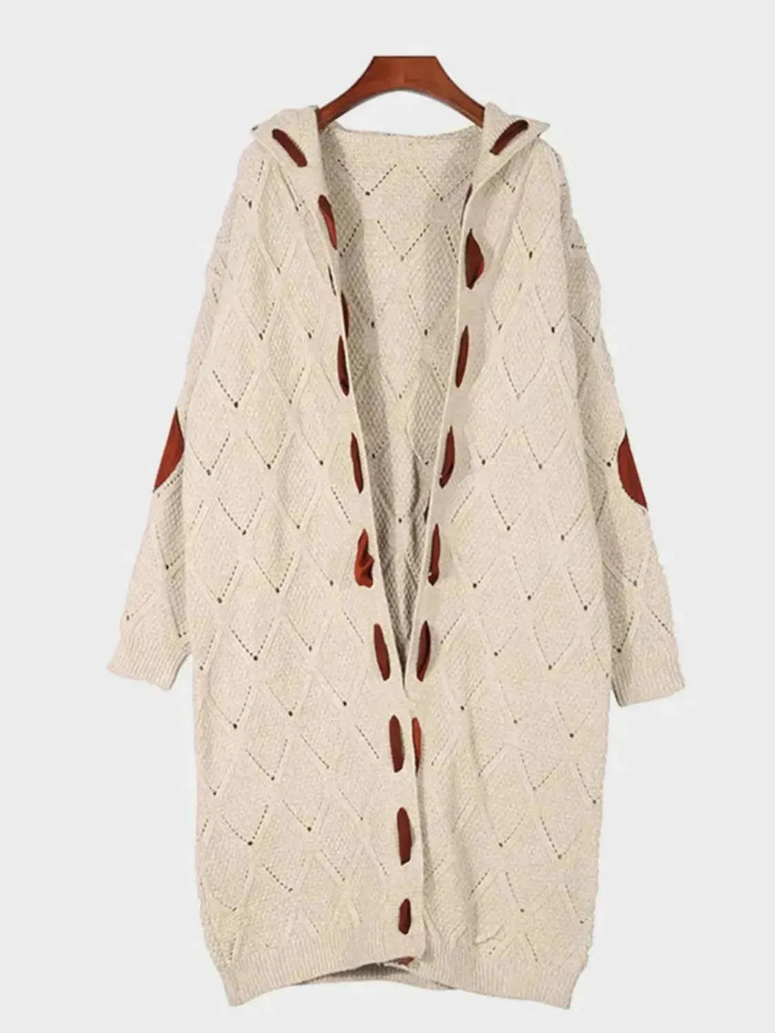Openwork Long Sleeve Open Front Hooded Cardigan - Bad Moms Club