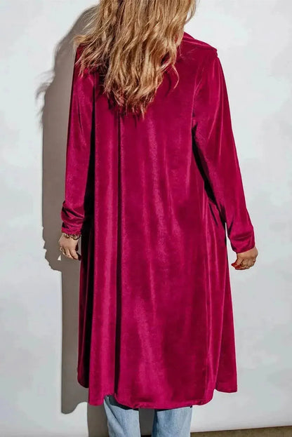 Collared Neck Longline Velvet Cardigan with Pockets - Bad Moms Club