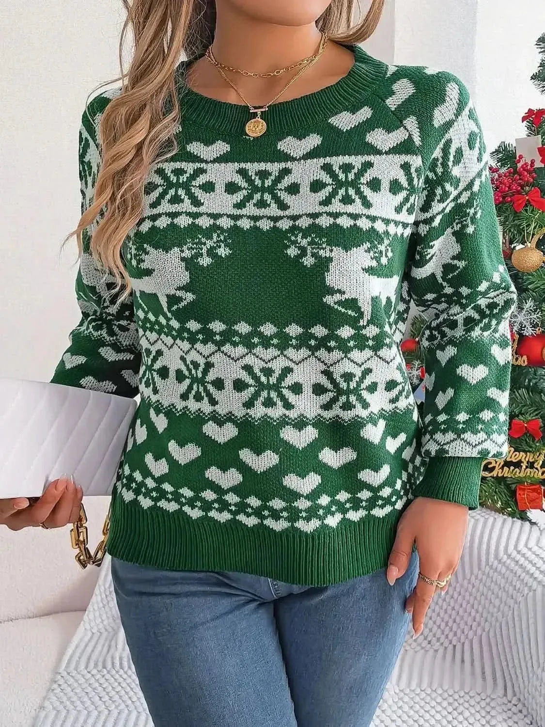Christmas Element Round Neck Long Sleeve Sweater - Bad Moms Club