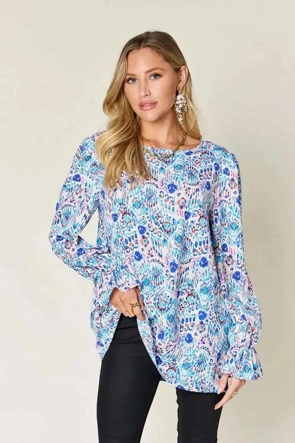 Double Take Full Size Printed Flounce Sleeve Blouse - Bad Moms Club