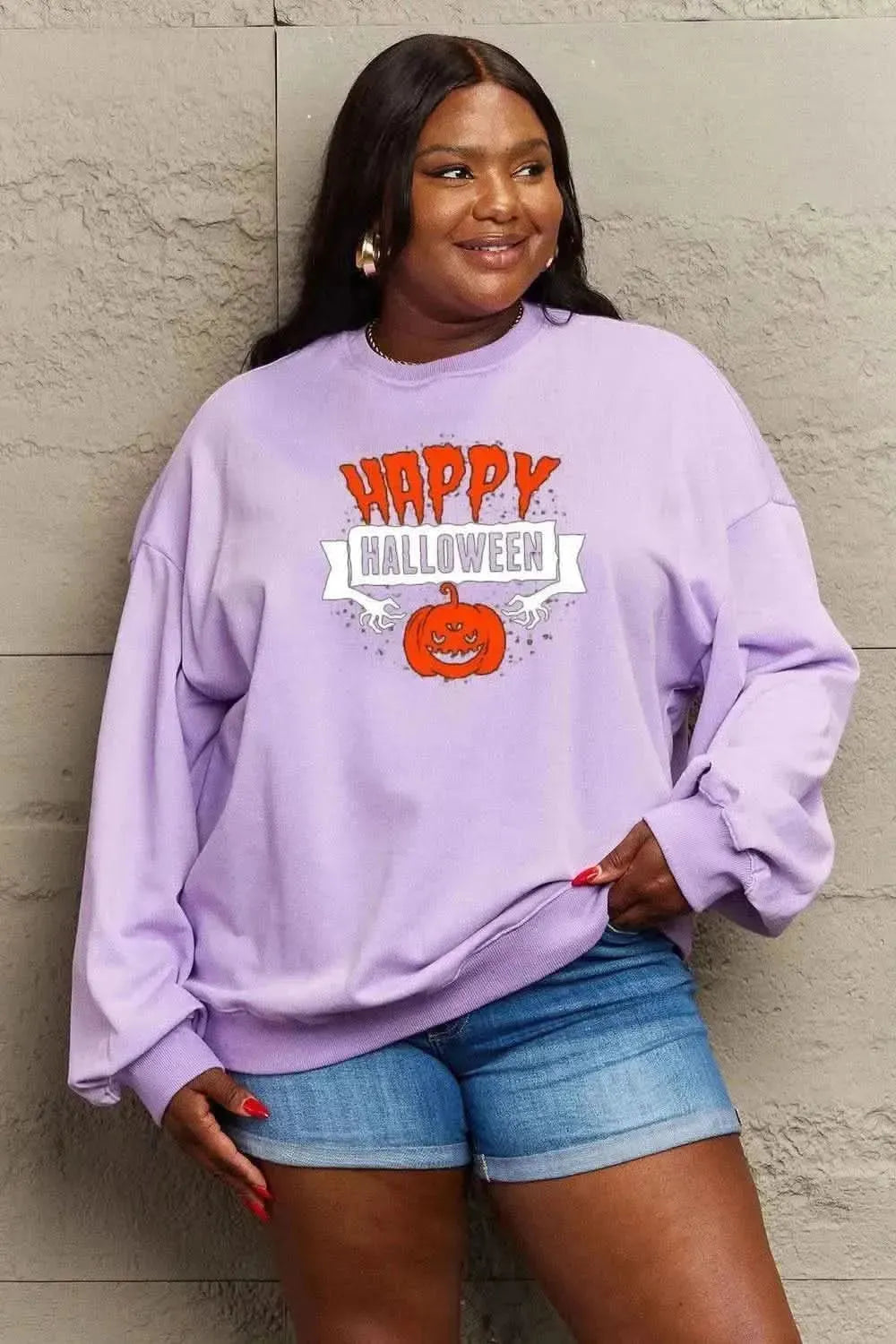 Simply Love Full Size HAPPY HALLOWEEN Graphic Sweatshirt - Bad Moms Club