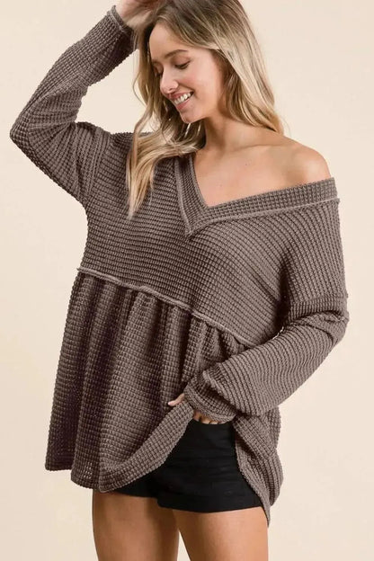 BiBi Waffle Knit V-Neck Babydoll Blouse - Bad Moms Club