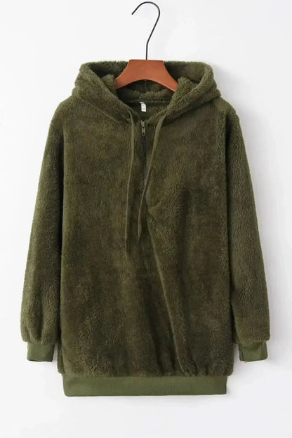 Full Size Quarter-Zip Drawstring Teddy Hoodie - Bad Moms Club