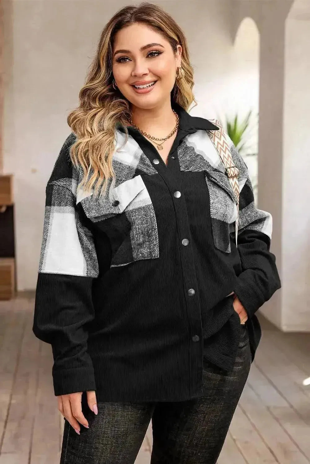 Plus Size Plaid Snap Down Jacket with Pockets - Bad Moms Club