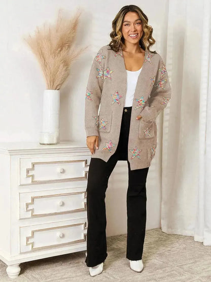 Star Pattern Open Front Cardigan with Pockets - Bad Moms Club