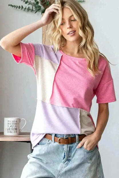 HOPELY Full Size Color Block Exposed Seam T-Shirt - Bad Moms Club