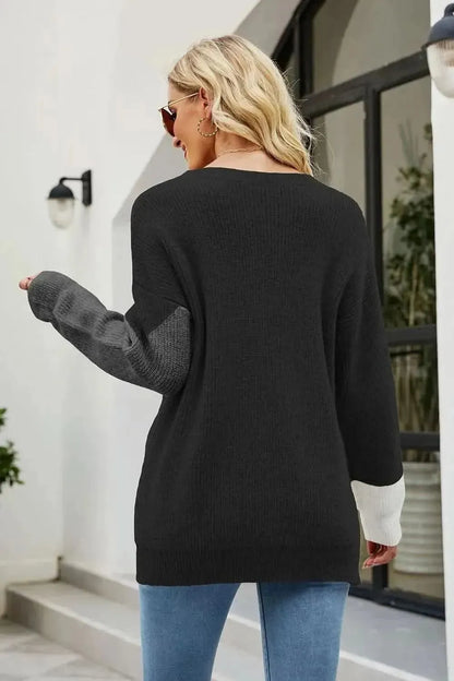 Color Block Round Neck Sweater - Bad Moms Club