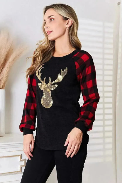 Heimish Full Size Sequin Reindeer Graphic Plaid Top - Bad Moms Club