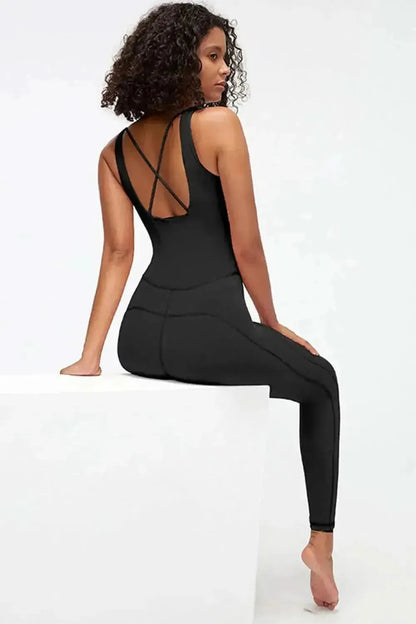 Crisscross Wide Strap Active Jumpsuit - Bad Moms Club