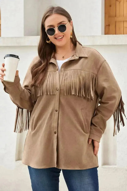 Plus Size Fringe Trim Snap Down Long Sleeve Shacket - Bad Moms Club