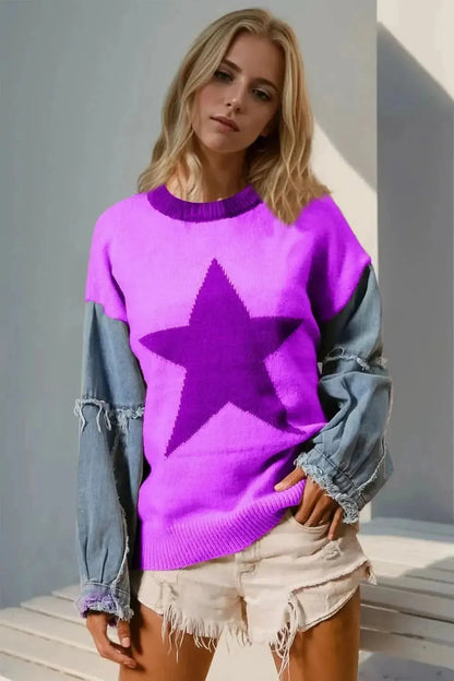 Double Take Full Size Star Pattern Raw Edge Long Sleeve Sweater - Bad Moms Club