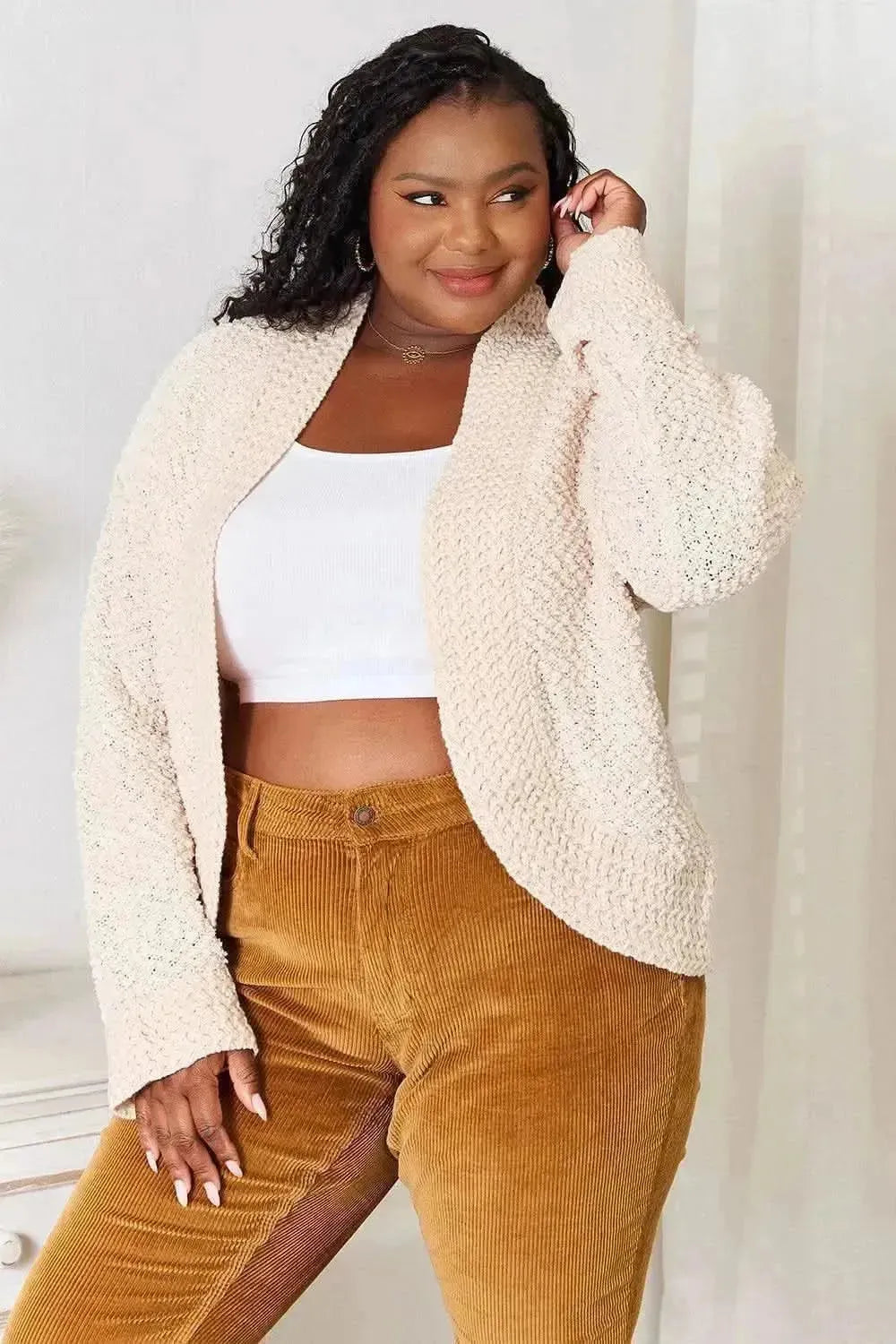 Double Take Open Front Long Sleeve Cardigan - Bad Moms Club