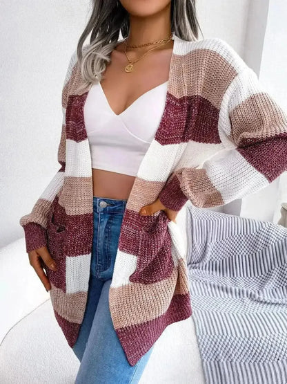 Striped Rib-Knit Open Front Longline Cardigan - Bad Moms Club