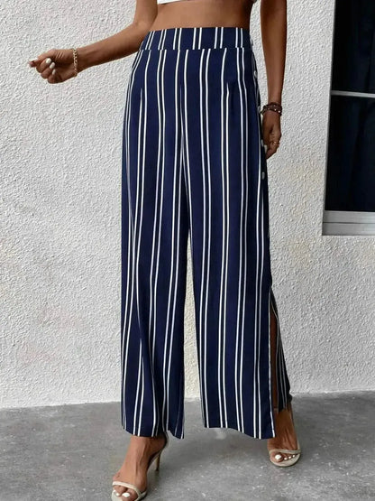 Perfee Striped Slit Wide Leg Pants - Bad Moms Club