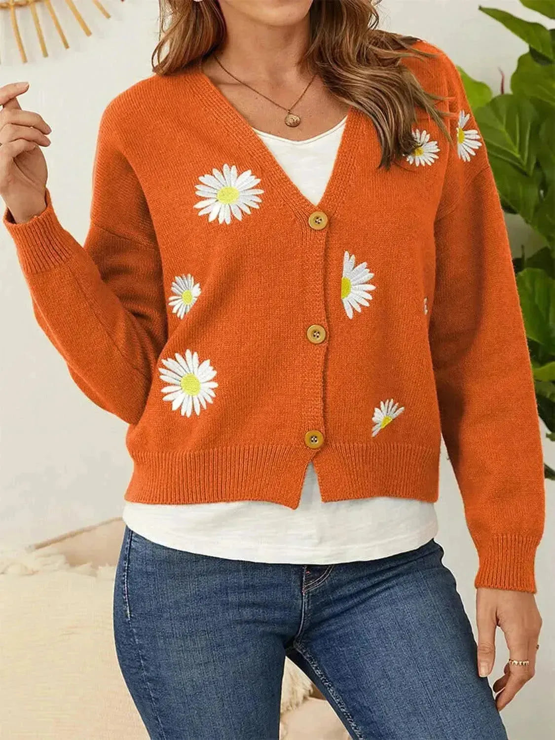 Flower Button Front Dropped Shoulder Cardigan - Bad Moms Club