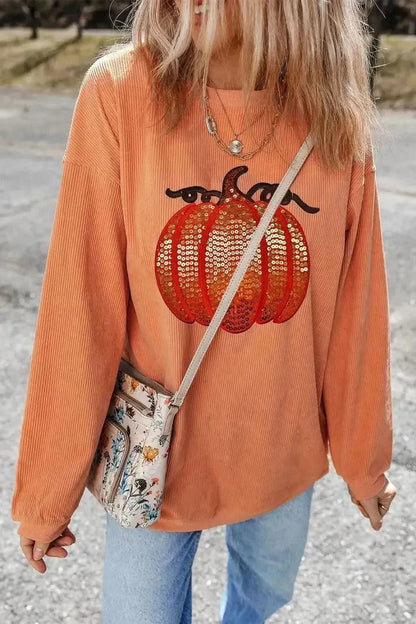 Sequin Pumpkin Round Neck Long Sleeve Sweatshirt - Bad Moms Club