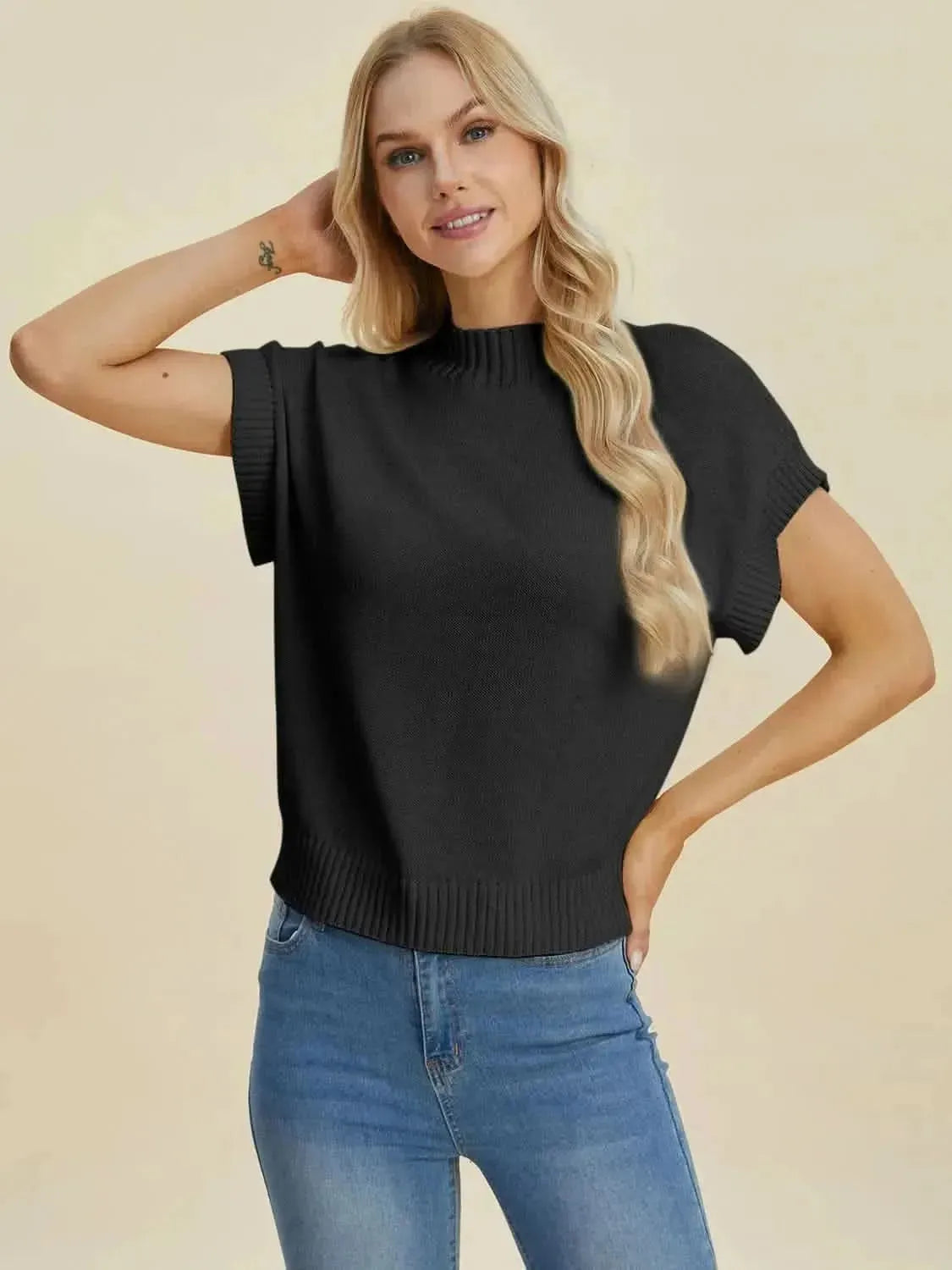 Double Take Full Size Mock Neck Short Sleeve Sweater - Bad Moms Club