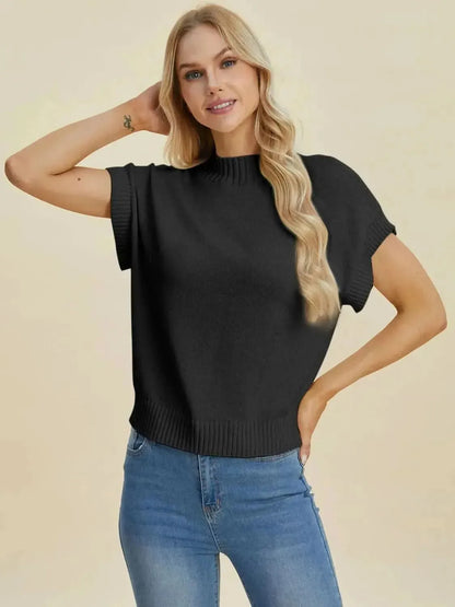 Double Take Full Size Mock Neck Short Sleeve Sweater - Bad Moms Club