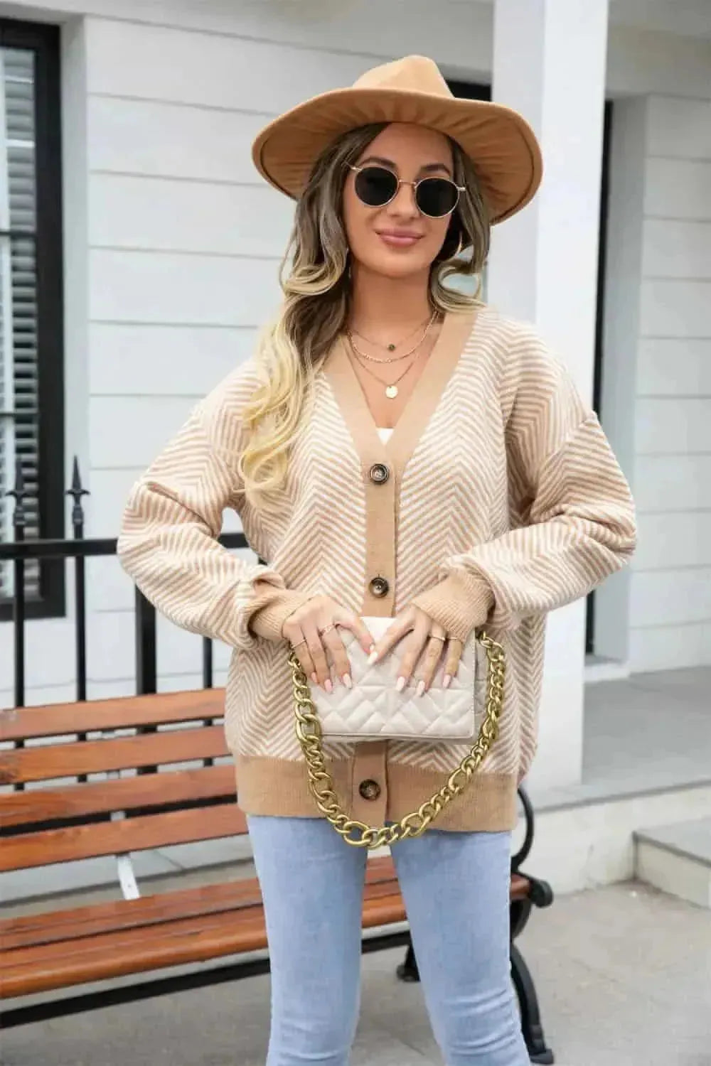 Striped V-Neck Dropped Shoulder Button-Up Cardigan - Bad Moms Club