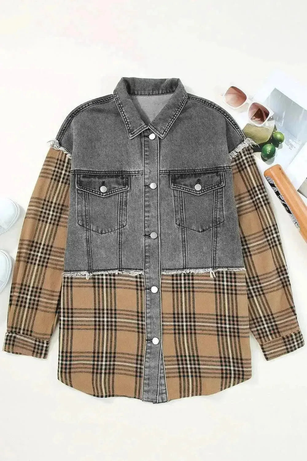Plaid Raw Hem Button Up Denim Jacket - Bad Moms Club
