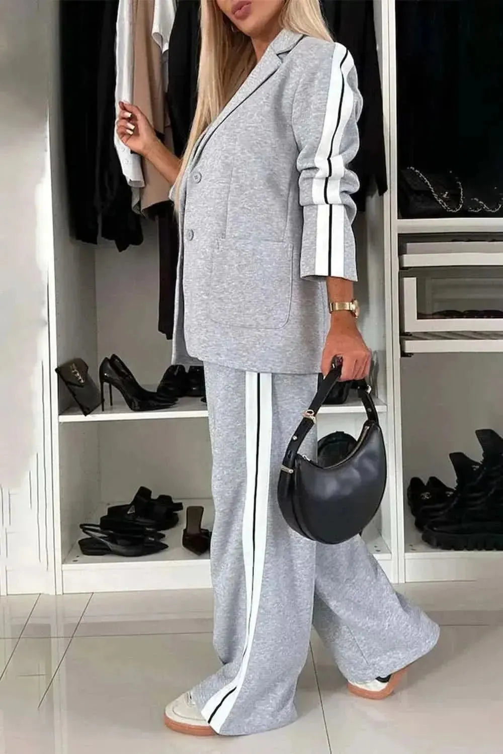 Full Size Contrast Lapel Collar Top and Pants Set - Bad Moms Club