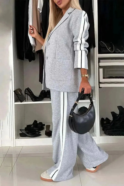 Full Size Contrast Lapel Collar Top and Pants Set - Bad Moms Club