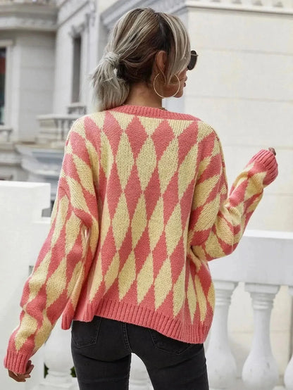 Woven Right Argyle Button Front Drop Shoulder Cardigan - Bad Moms Club