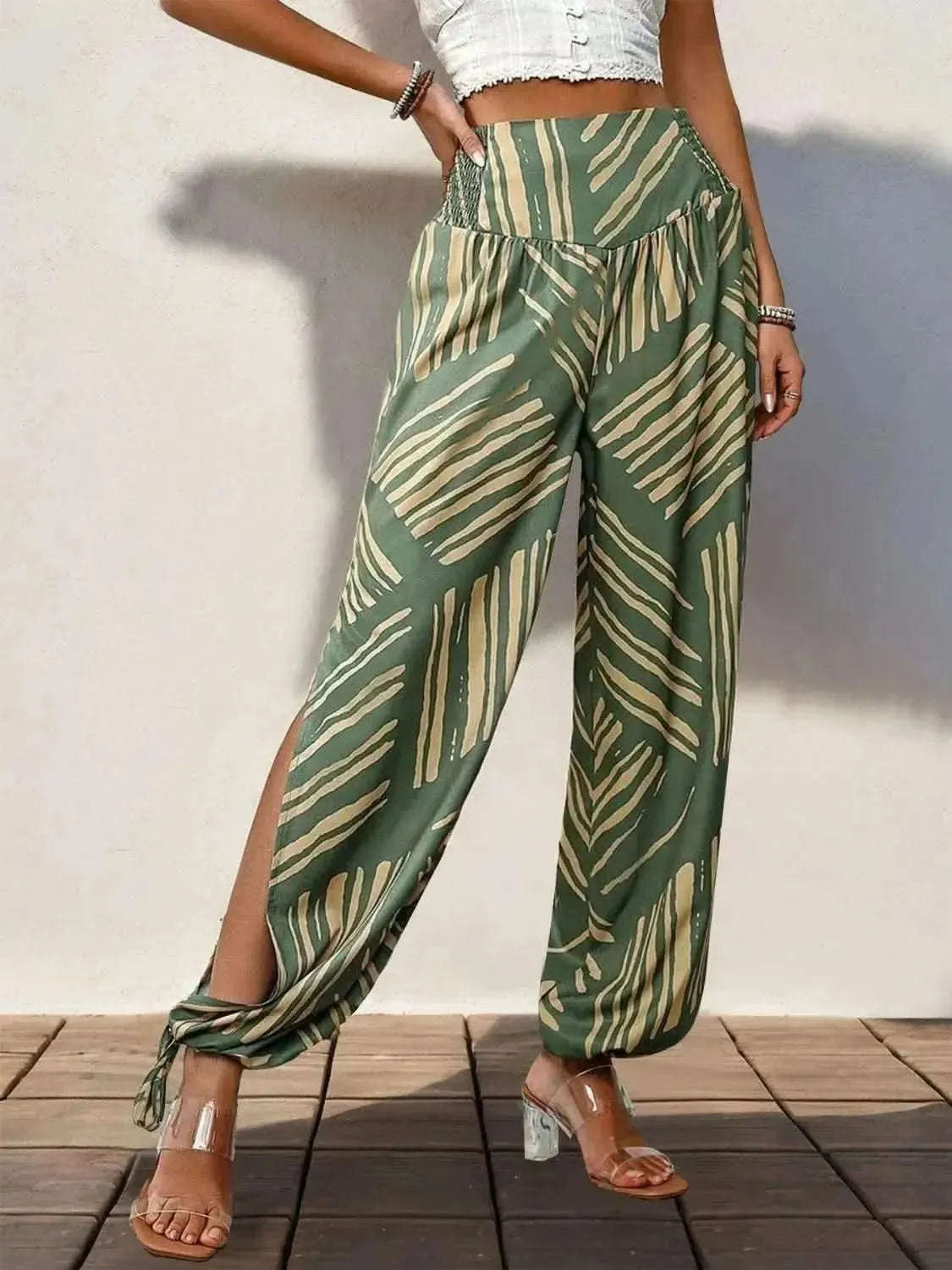 Perfee Smocked Slit Printed High Waist Pants - Bad Moms Club
