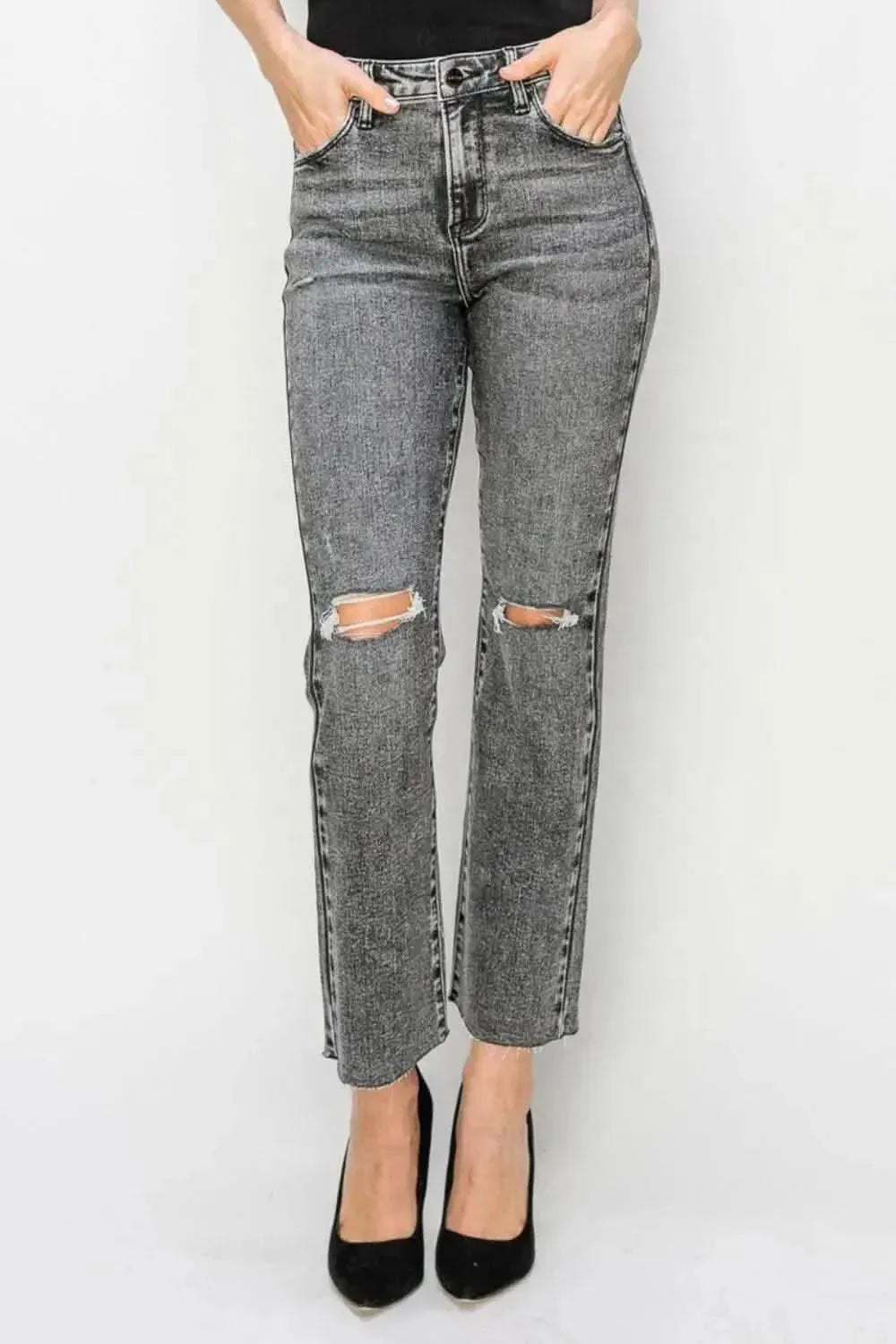 RISEN High Waist Distressed Straight Jeans - Bad Moms Club