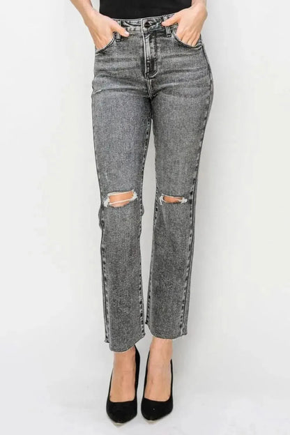 RISEN High Waist Distressed Straight Jeans - Bad Moms Club