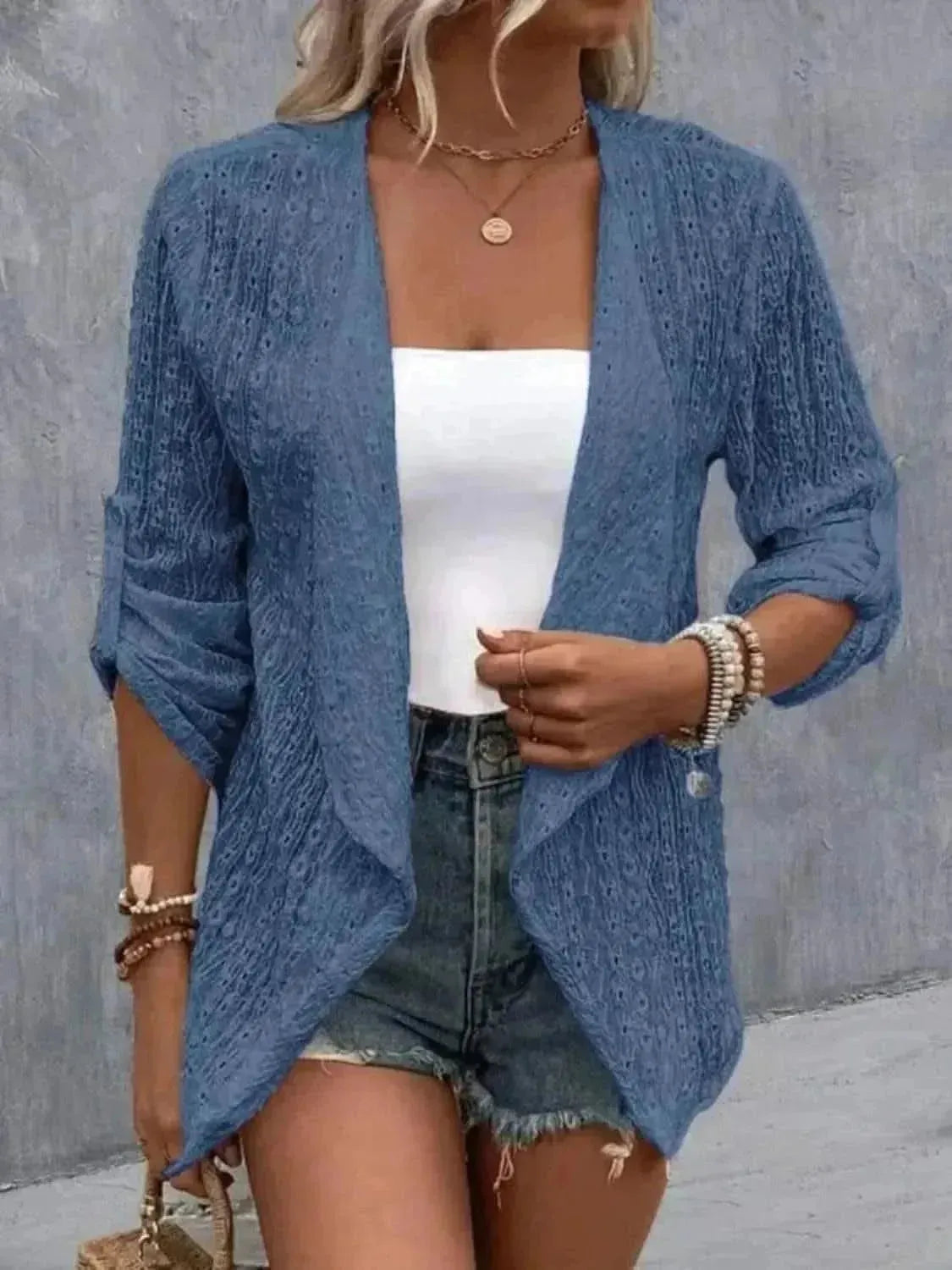 Eyelet Roll-Tab Sleeve Cardigan - Bad Moms Club