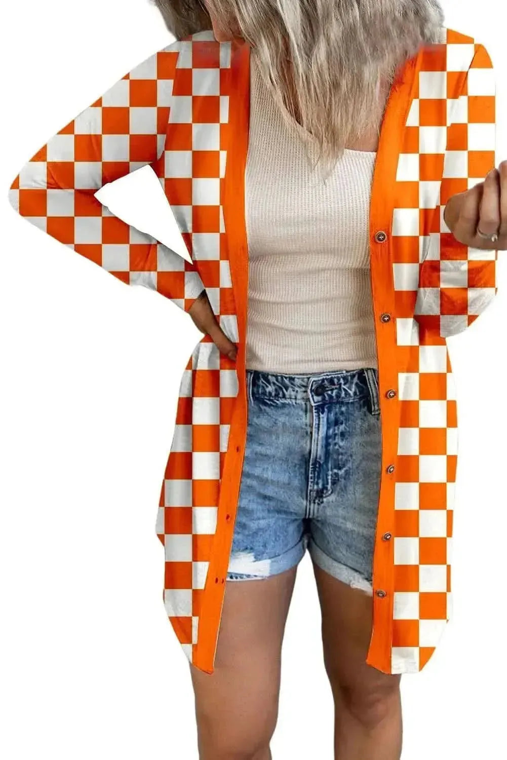 Checkered Button Up Long Cardigan - Bad Moms Club