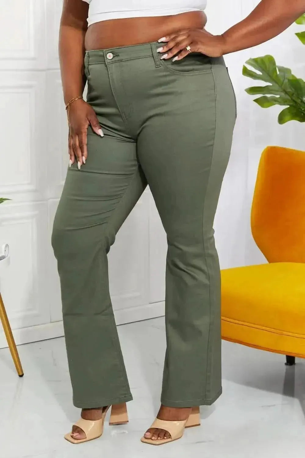 Zenana Clementine Full Size High-Rise Bootcut Jeans in Olive - Bad Moms Club