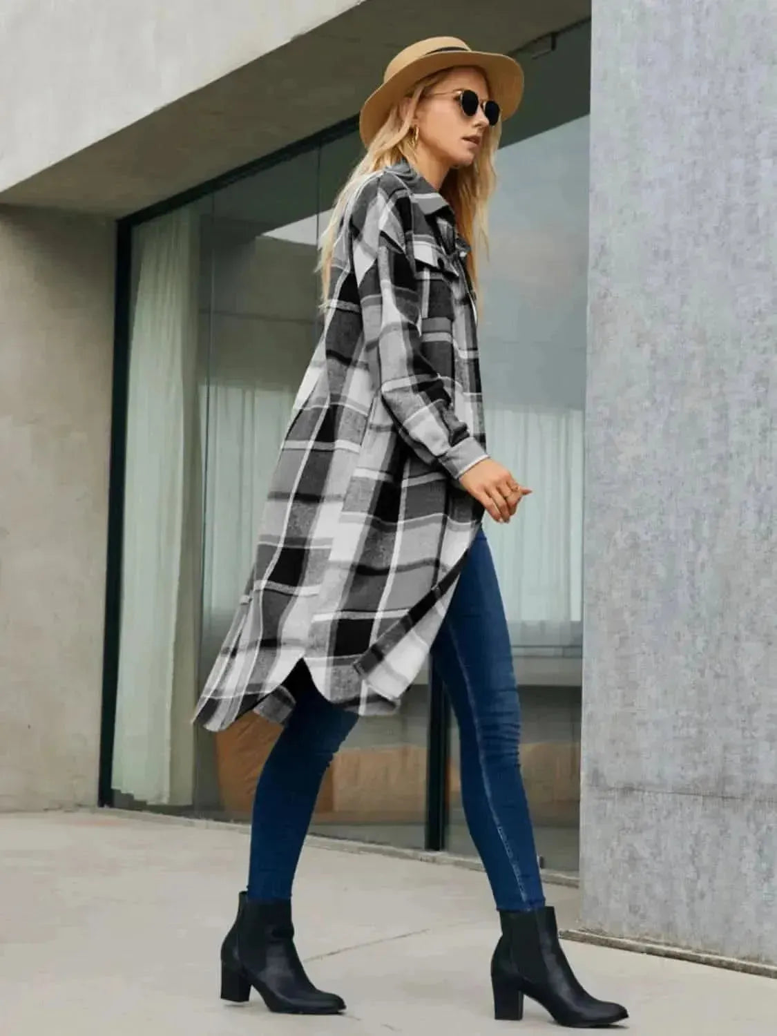 Plaid Pocketed Button Up Trench Coat - Bad Moms Club