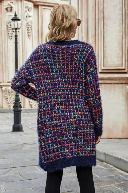 Multicolored Ribbed Trim Open Front Cardigan with Pockets - Bad Moms Club