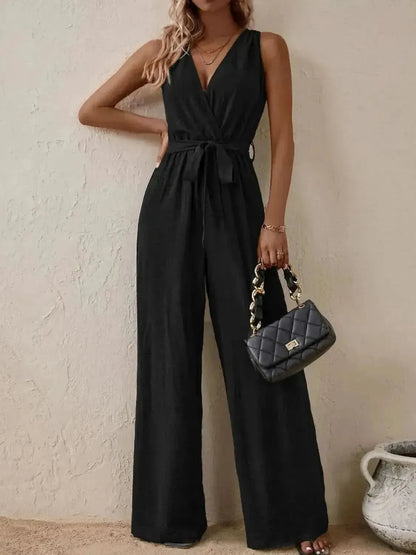 Honey Tied Surplice Sleeveless Wide Leg Jumpsuit - Bad Moms Club