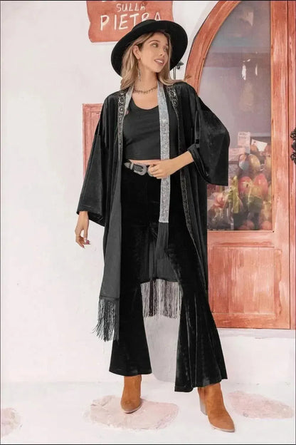 Opne Front Fringe Detail Long Sleeve Cardigan - Bad Moms Club