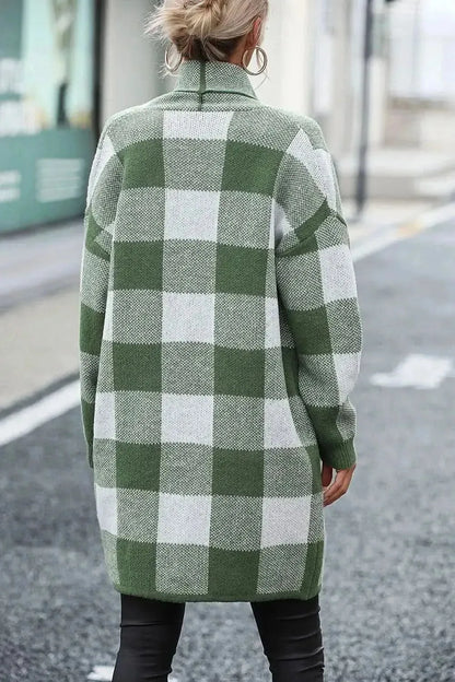 Plaid Dropped Shoulder Cardigan with Pocket - Bad Moms Club