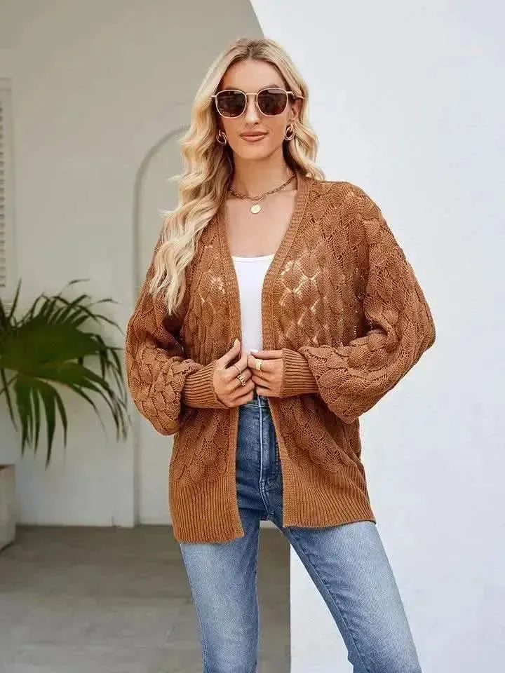 Openwork Open Front Lantern Sleeve Cardigan - Bad Moms Club