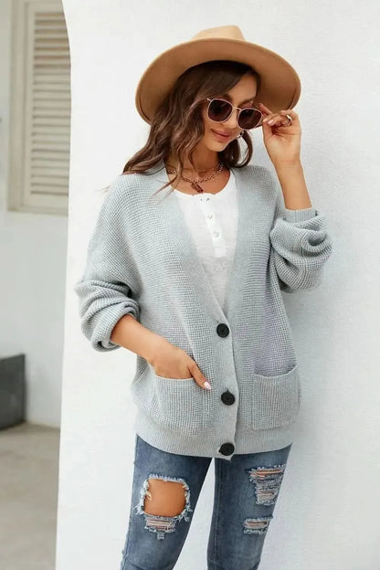 Button Up Drop Shoulder Long Sleeve Cardigan - Bad Moms Club