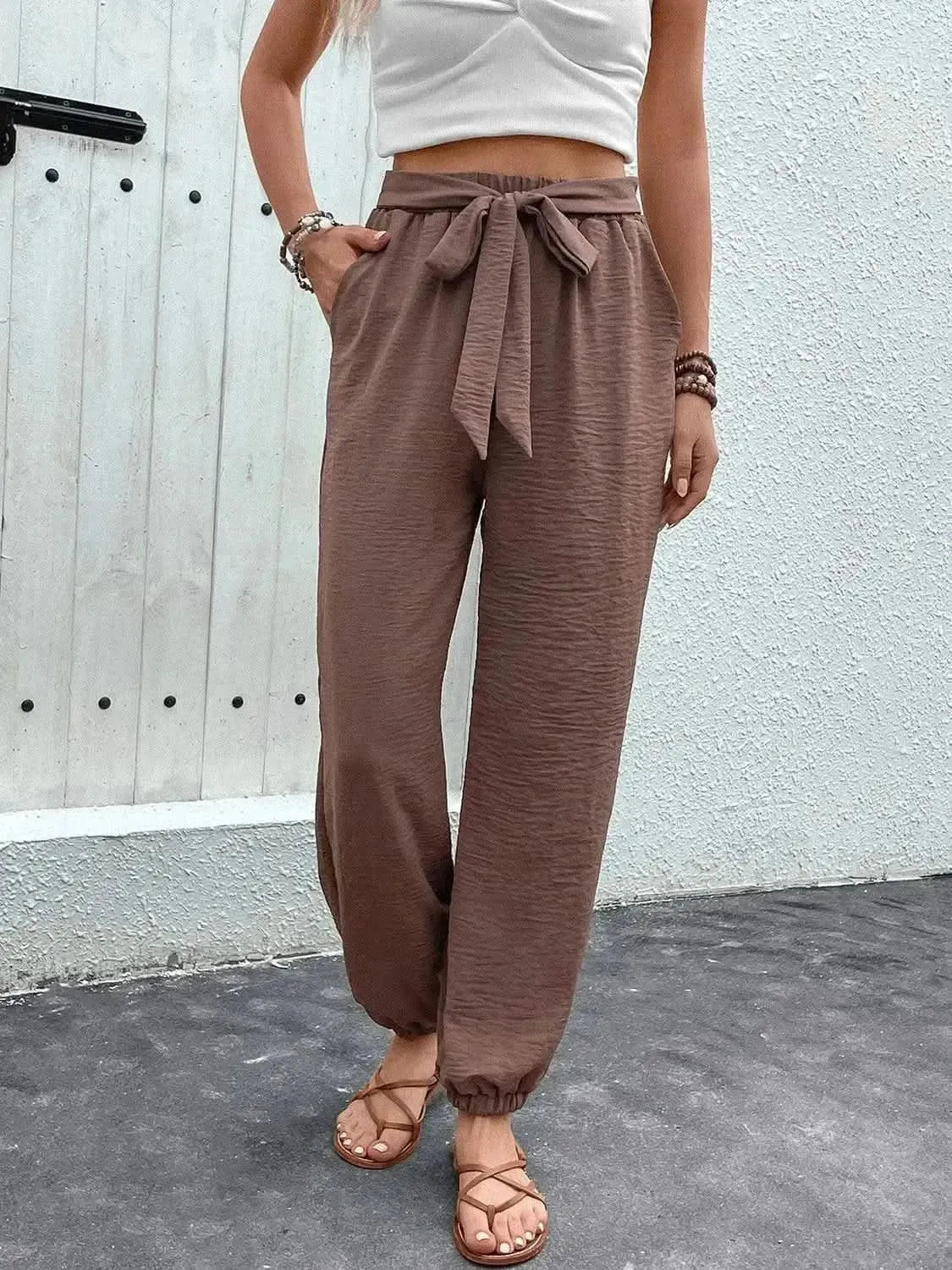Perfee Tied High Waist Pants with Pockets - Bad Moms Club