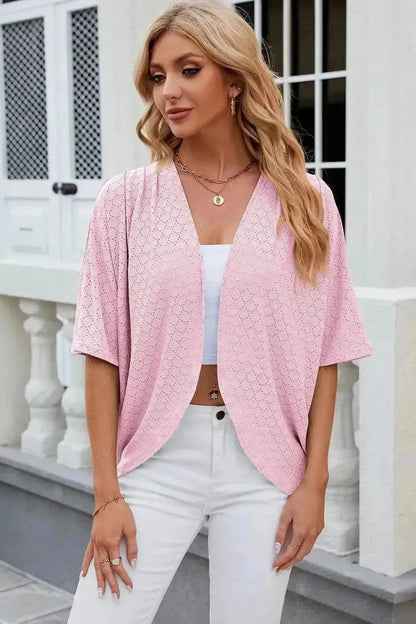 Eyelet Open Front Half Sleeve Cardigan - Bad Moms Club