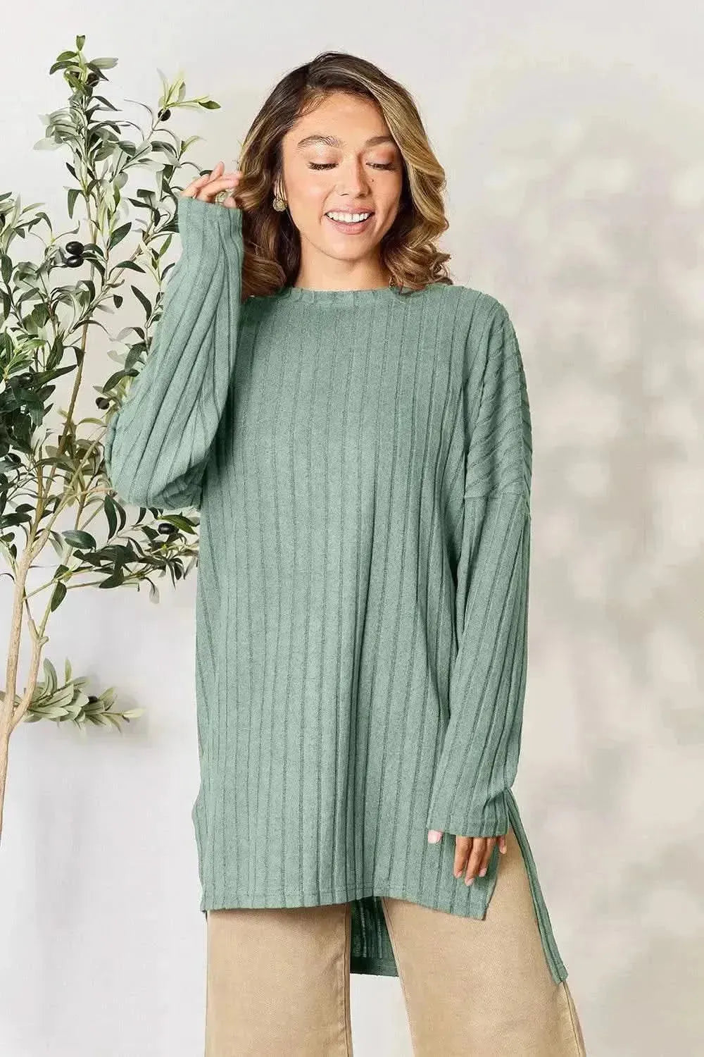 Basic Bae Full Size Ribbed Round Neck Long Sleeve Slit Top - Bad Moms Club