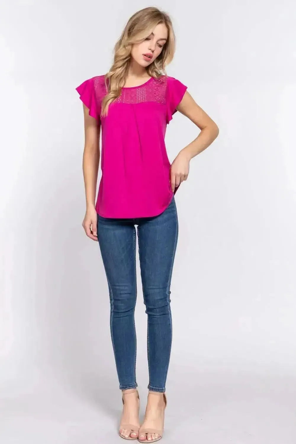 ACTIVE BASIC Ruffle Short Sleeve Lace Detail Knit Top - Bad Moms Club