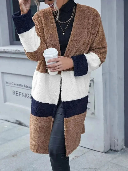 Tricolor Open Front Fuzzy Longline Cardigan - Bad Moms Club