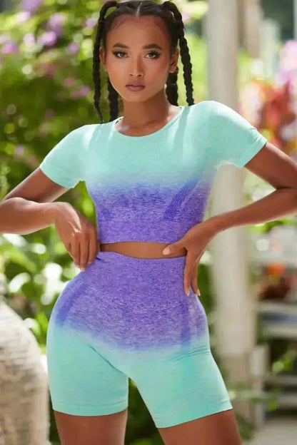 Contrast Round Neck Sports Top and Shorts Set - Bad Moms Club