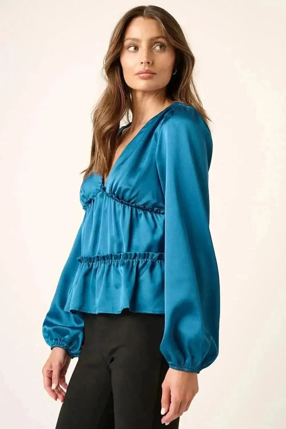 Mittoshop Satin V Neck Ruffled Tier Blouse - Bad Moms Club