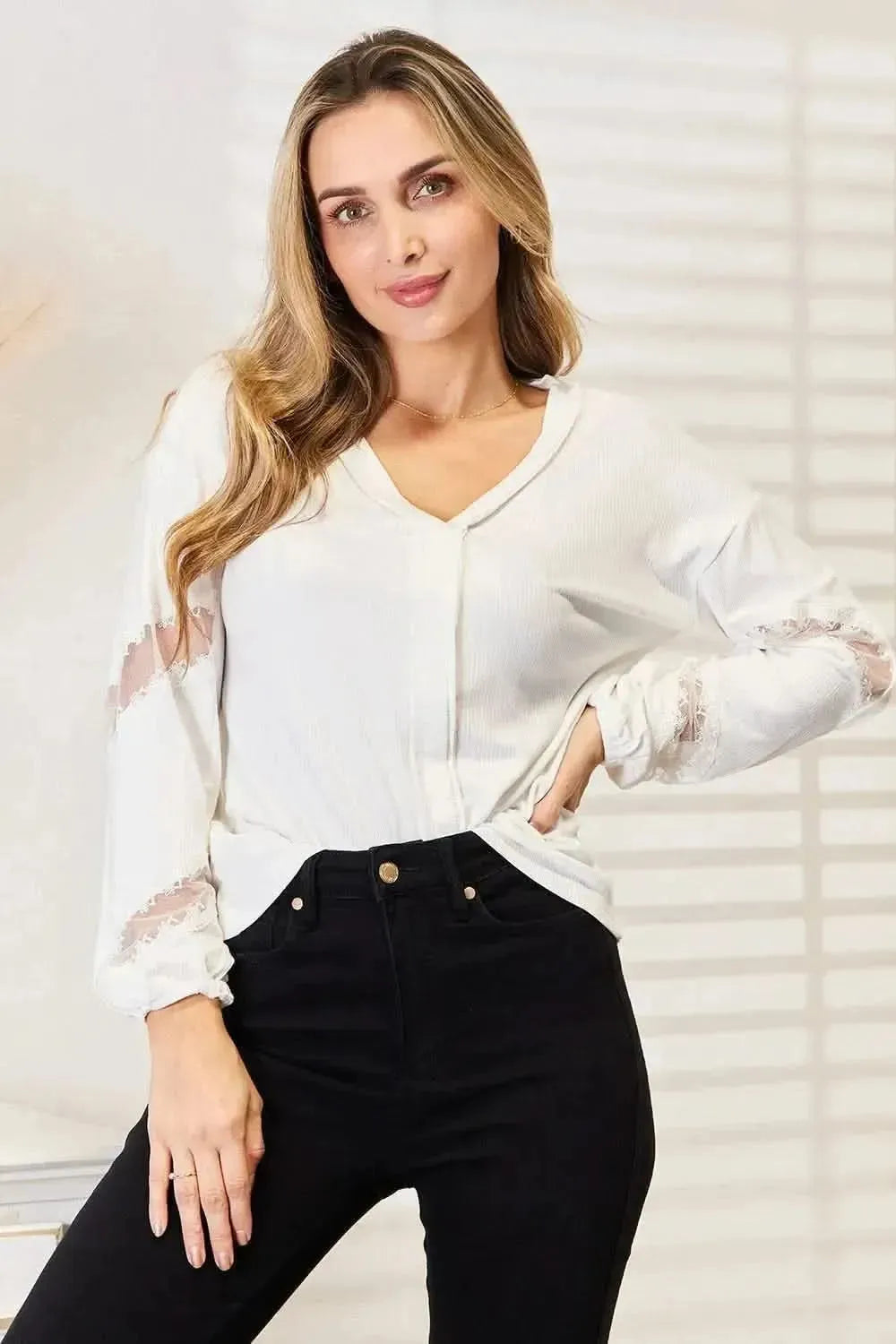 Double Take V-Neck Dropped Shoulder Blouse - Bad Moms Club