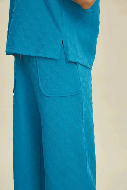 Double Take Full Size Texture Drawstring Short Sleeve Hoodie and Pocketed Pants Set - Bad Moms Club